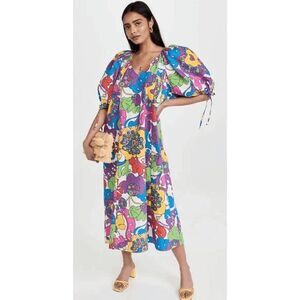 Rhode Woodstock Floral Rainbow Carly Short Puff Sleeve Midi Dress Women's